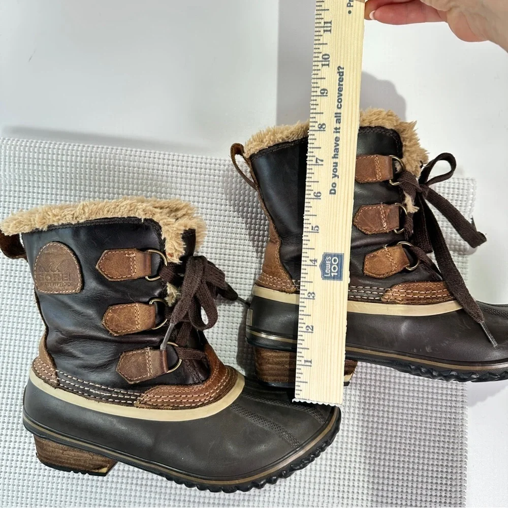 Sorel Winter Duck Boots Heeled Waterproof Lace Up Brown Black 8